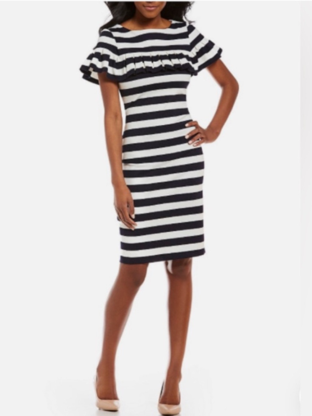 Eliza J Stripe‎ Blue White Ruffle Sheath Dress Nautical Coastal Preppy Size 4